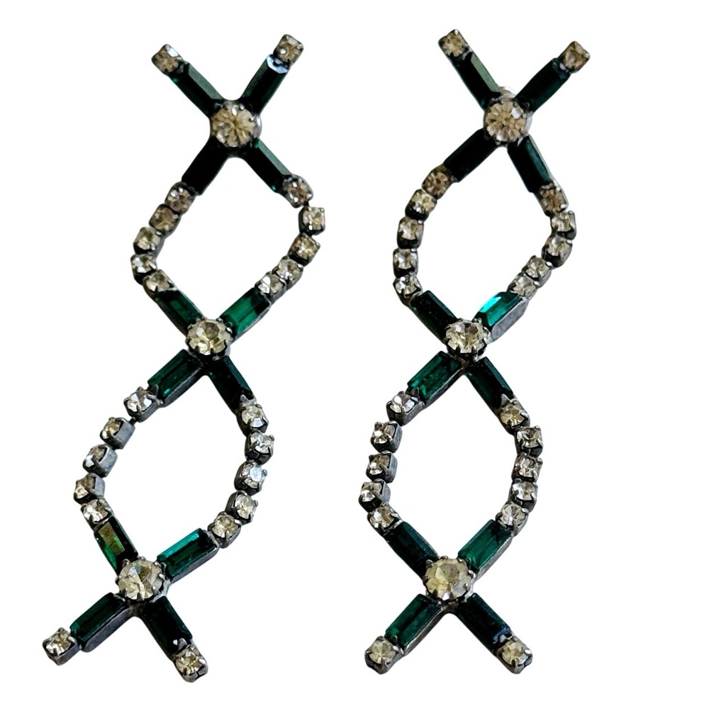 Glitzy Earrings Runway Crystal Rhinestone Drop‎ Pierced Sparkly Baguettes Glam